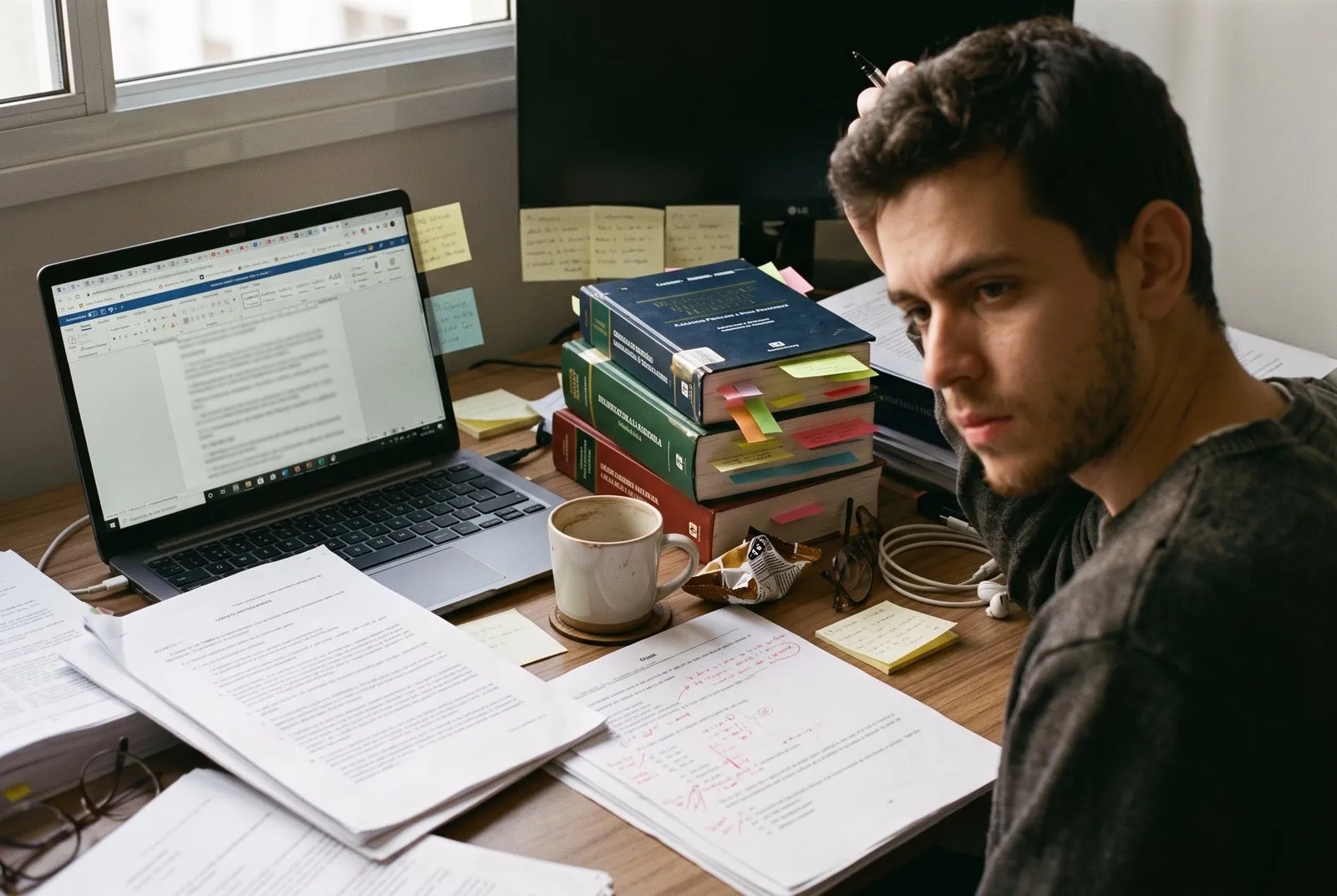 Estudante de Direito de olhar cansado à mesa, cercado de livros com marcadores coloridos, papéis corrigidos a caneta vermelha e um laptop aberto